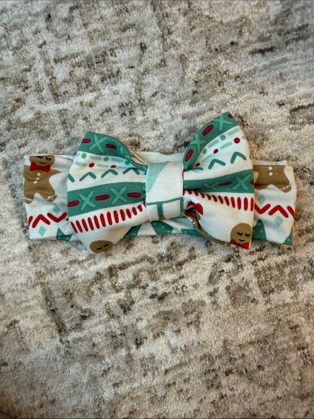 Little Sleepies Gingerbread Bow Headband in Teal, White, Red, and Brown